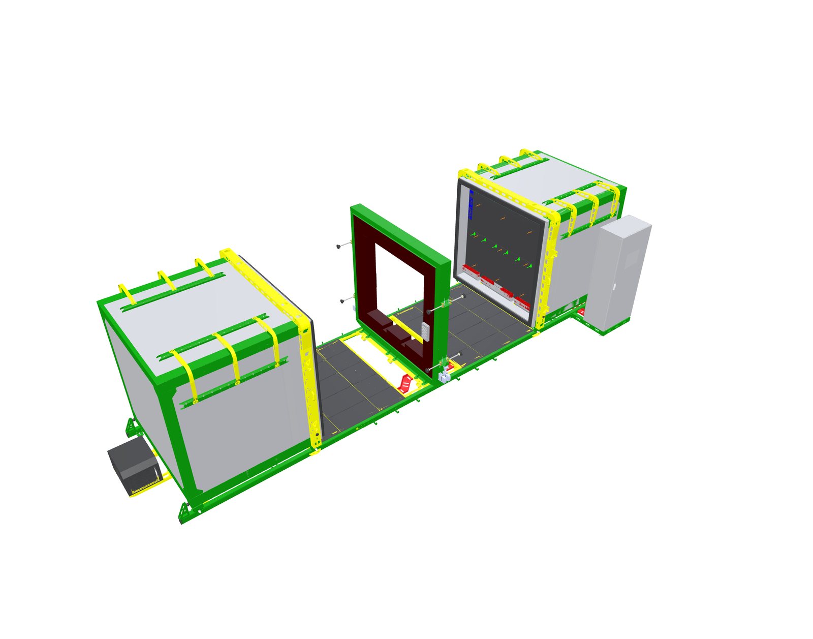 Cutaway view of the STEEE system: hot chamber, central test bay and cold chamber arranged along a shared rail, with the control cabinet at one end.