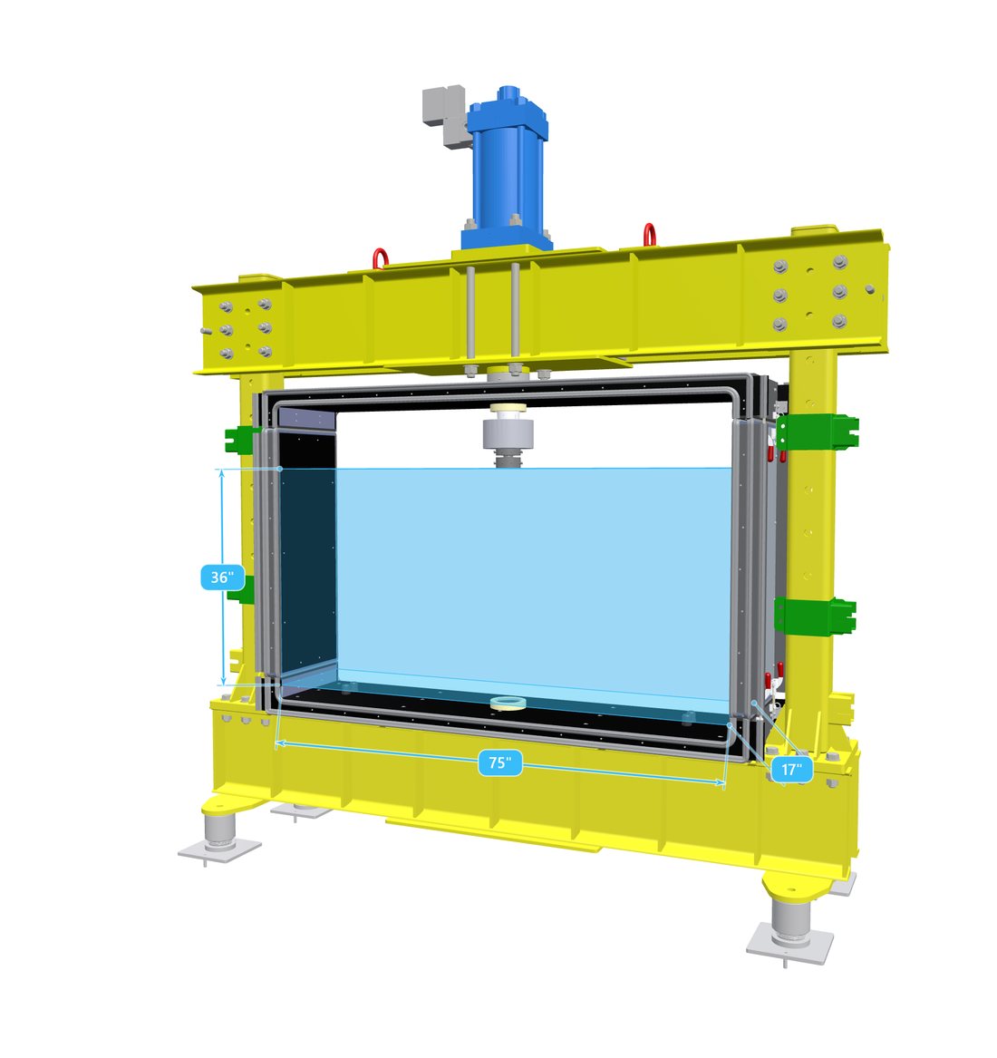 Dimensioned drawing of the structural frame at its largest specimen enclosure, 36 by 75 by 17 inches.